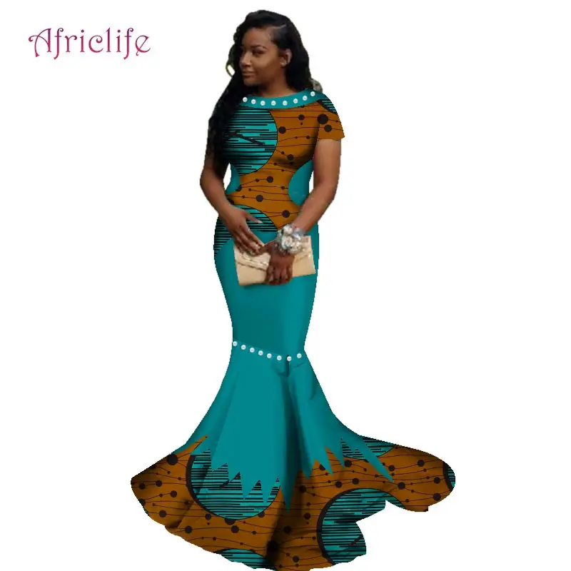 Африканские длинные платья для женщин, Африканский воск, цветочный принт, платье Базен Riche, одежда, традиционный жемчуг, дизайнерская одежда WY2608 - Цвет: 5