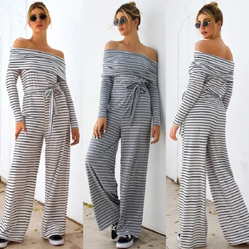 

New Fashion Casual Striped Jumpsuit For Women Autumn 2019 Off Shoulder Long Sleeve With Sashes Loose Long Pants Jumpsuits Female