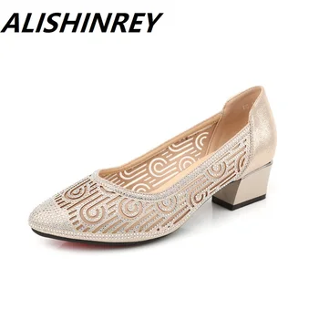 

ALISHINREY 2020 New Summer Genuine Leather Fashion Pumps Cut-outs Women Crystal Casual Ladies Shoes High Heels Tenis Feminino