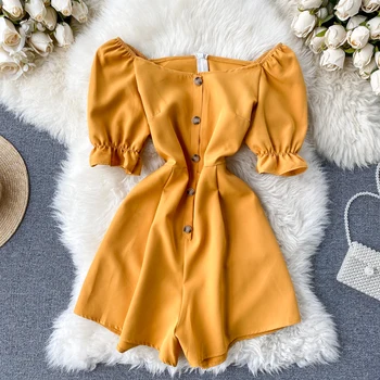 

Summer Women's Off-the-shoulder Off-the-shoulder Puff-sleeve Breasted Slim Wide Leg Jumpsuit