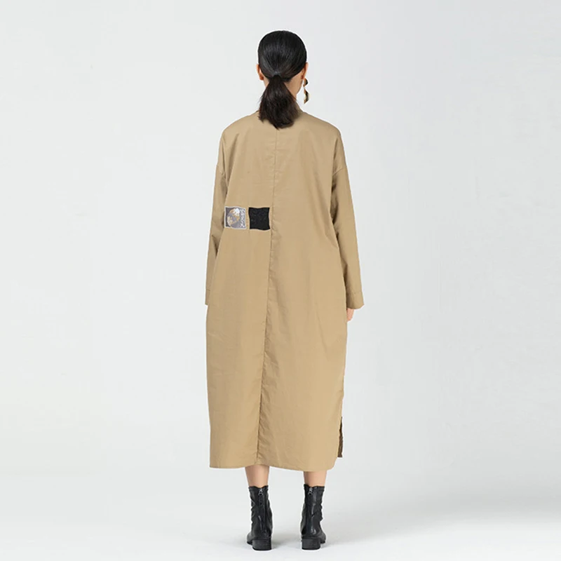 XITAO Vintage Irregular Embroidered Trench Coat for Women Loose Plus Size Long Sleeve Single-breasted Windbreaker Autumn XJ5093