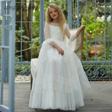 

Lace Flower Girl Dresses Elegant Perspective Flared Sleeves Children Birthday Party Gown Wending Vestidos платье для девочки