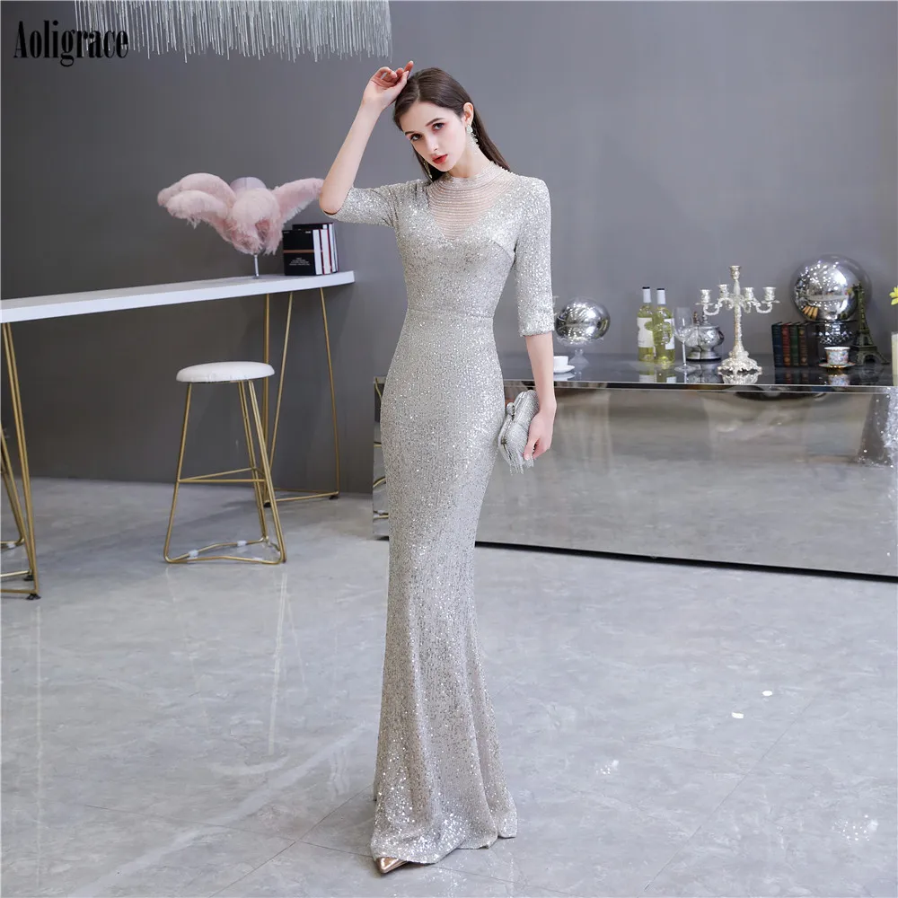 

Silver Mermaid Prom Dresses Shiny Sequined Half Sleeves Open Back Sweep Train Formal Party Evening Gowns Sexy Vestidos De Fiesta