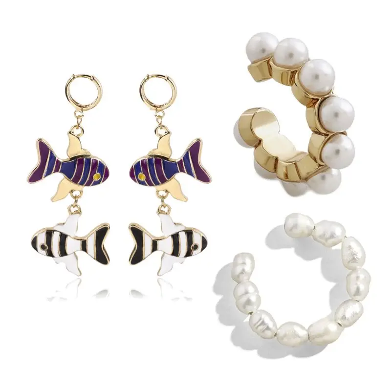 

3Pcs Women's Pave Fish Linear Enamel Drop Earrings Pearl Hoop Studs Earrings Set