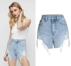 Женская летняя одежда модного молодежного дизайна Высокая талия джинсовые шорты облегающие подходит нерегулярные сырой Обрезной рваные