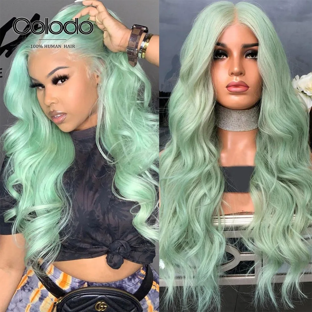 

COLODO Mint Green Loose Wave Wig Brazilian Remy Pink Lace Front Human Hair Wigs Pre Plucked Transparent Lace Wigs with Baby Hair