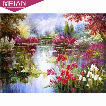 

2020 MEIAN Lake Full Round Diamond Painting Landscape 5D DIY Diamond Mosaic Flowers Picture Of Rhinestone Embroidery Decor Home