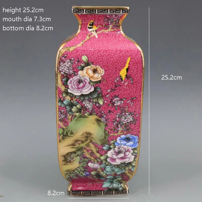 Qing Dynasty Qianlong Enamel Painted Gold Flowers And Birds Square Vase Home Furnishings Antique Porcelain Collection 4