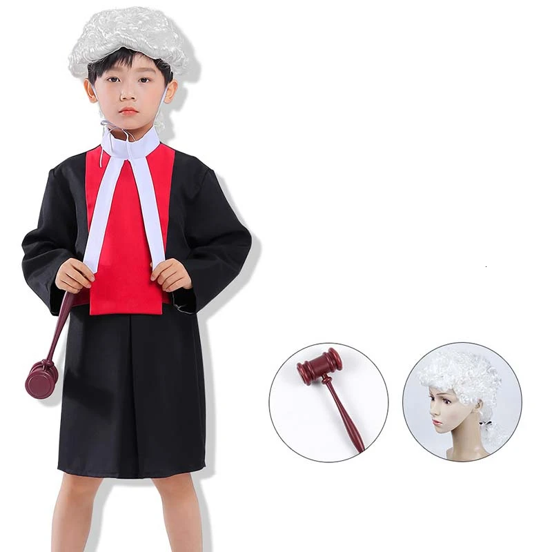 

Halloween Cosplay Boys Kid Clothes Judge Lawyer Uniform Matching Wig Hammer 4T-10T Carnival Role Play Girl Prom Gown Costume