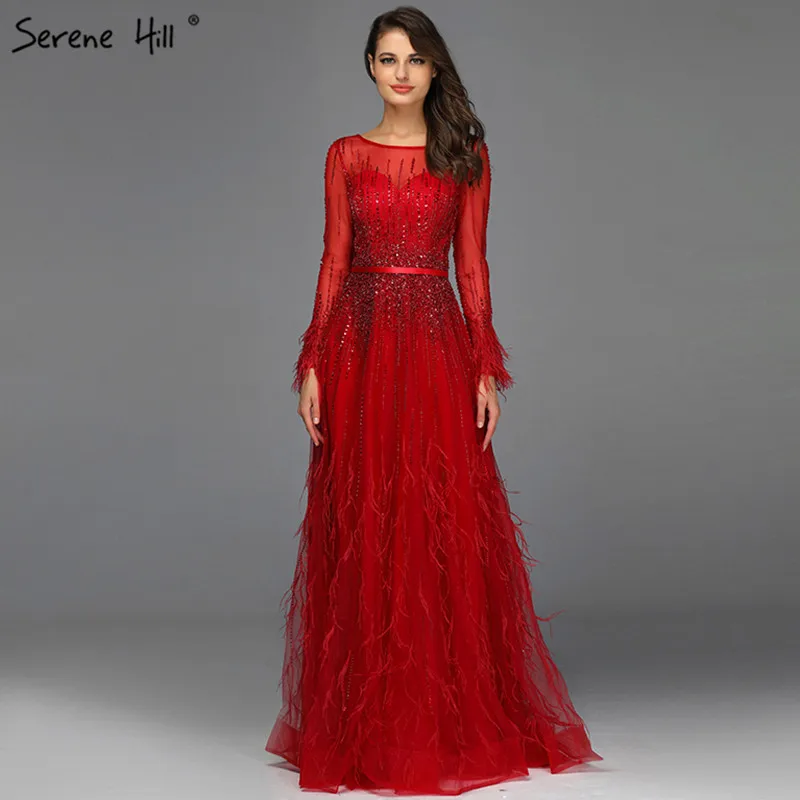 

Wine Red Dubai Design Sequined Feathers Evening Dresses A-Line Long Sleeves Luxury Evening Gowns 2019 Serene Hill DLA60836