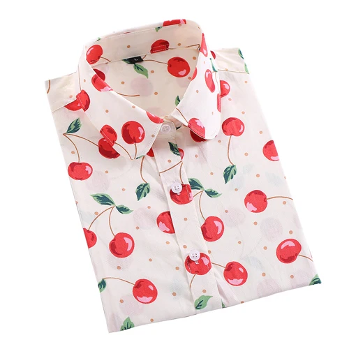 Dioufond, женские блузки, цветочный принт с фруктами, топ, женская блузка с длинным рукавом, рубашки, женская одежда, хлопок, модные женские рубашки, 5XL - Цвет: Cherry