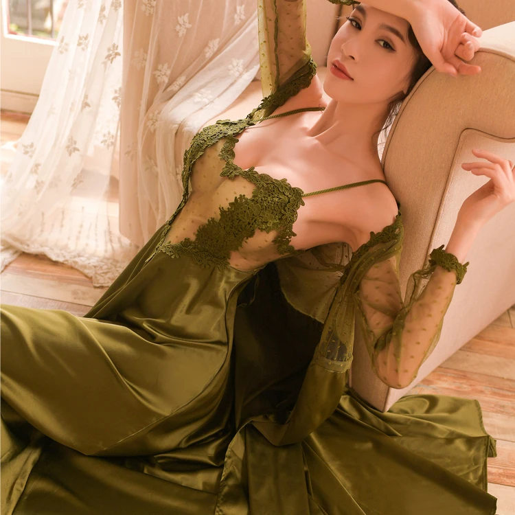 Длинный халат, платье принцессы, ночная рубашка, элегантное ночное белье в европейском стиле, Vestidos, женская одежда для сна, сексуальное зеленое кружевное ночное белье