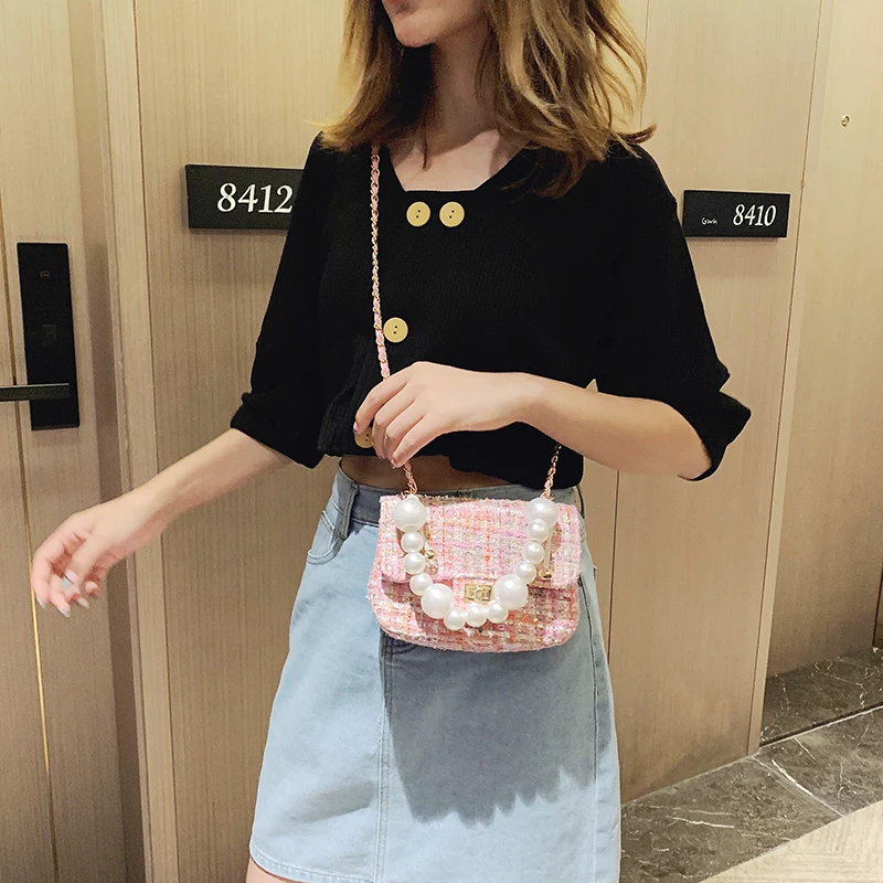 Мини шерстяные сумки через плечо для женщин Бисероплетение плеча Сумка женская цепь дамские сумочки и кошельки зимняя сумка