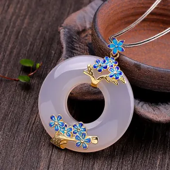 

paint plum blossom simple atmosphere fashion S925 pure silver jewelry white jade marrow pendant sweater accessories