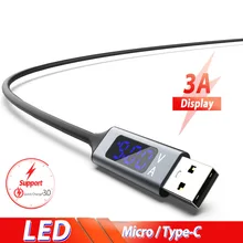 Светодиодный кабель Micro Usb type-C с дисплеем для быстрой зарядки Quick Charge 3,0 Usbc Microusb для Xiaomi Mi9 Redmi Note 7 6 Pro зарядное устройство для телефона