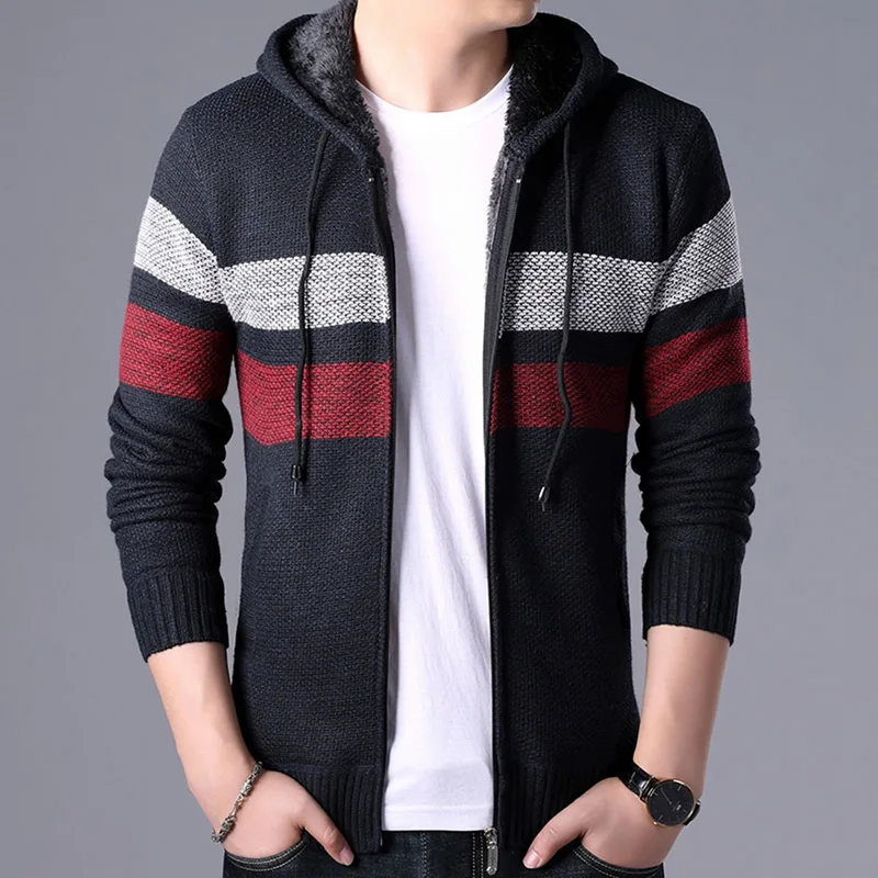 

Sweater Coat Men 2019 Spring Autumn Thick Warm Hooded Cardigan Jumpers Men Striped Cashmere Wool Zipper Fleece Coats Men