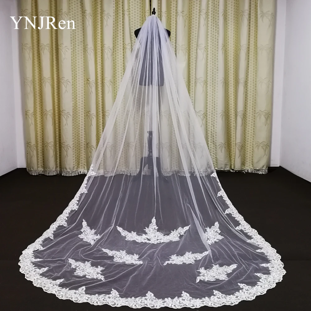 New Arrival 3m Long Cathedral Veil Ivory Lace Appliques Custom Made Bridal Veil with Comb veu de noiva catedral duvak ve kusak new arrival dark burgundy wedding veil with belt one layer short bridal veil wedding accessories