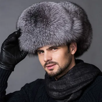 

Men Raccoon Fur Hats Fox Fur Leather Bomber Caps Silver Fox Fur Male Lei Feng Bomber Hat For Middle-Aged Leather Ear Flaps Hats