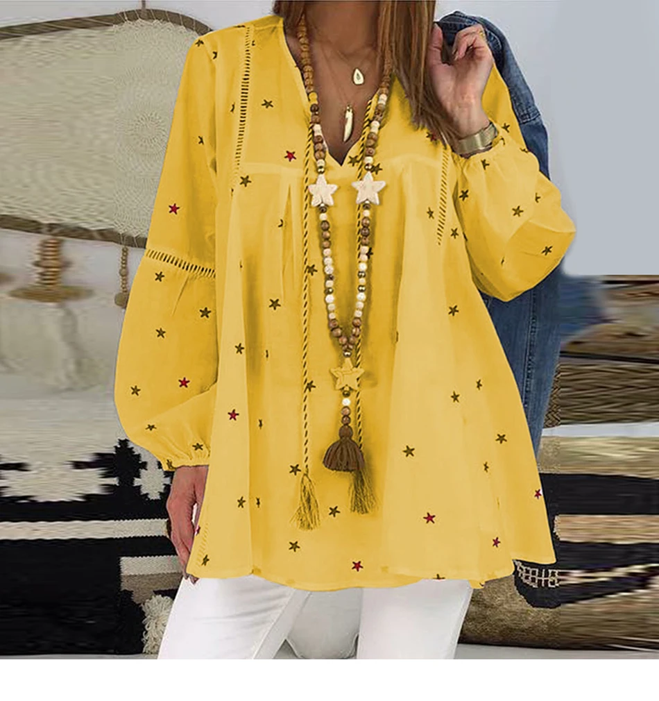 Star Print Plus Size Womens Tops And Blouses Spring Casual Hollow out  Long Sleeve Tunic Female V Neck Loose Blouses Shirts