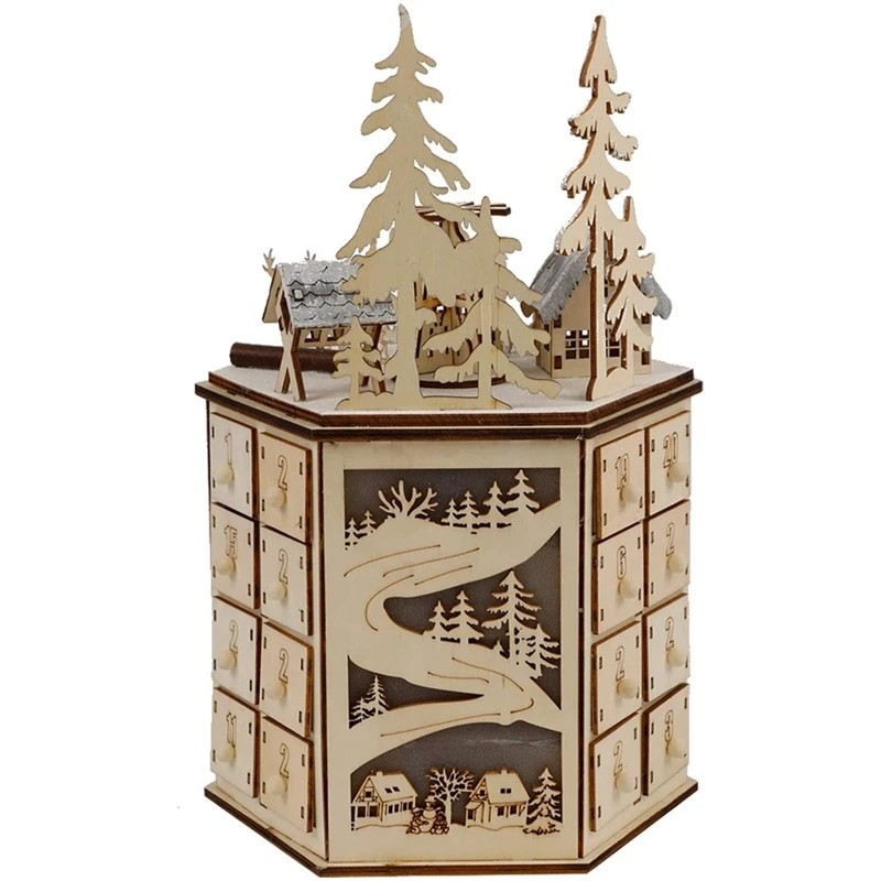 Practical LED Revolving Music Box Advent Calendar Decorated with Lights Wooden Carved 24 Day Countdown to Christmas | Дом и сад