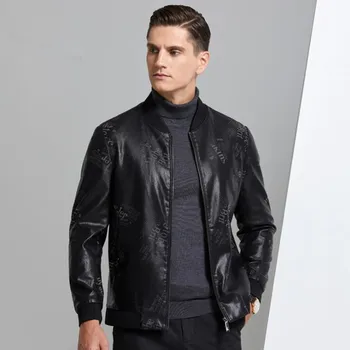 

New Autumn Young Men's Baseball Collar Leather Jacket Printed Leather Jacket Men's High-quality Coat