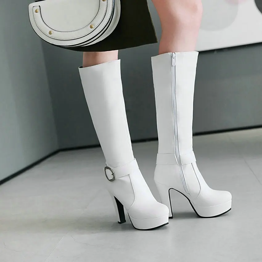 QUTAA/ г. Женские сапоги до колена женская обувь на платформе с квадратным каблуком из искусственной кожи осенне-зимние высокие сапоги на молнии с круглым носком размер 34-39