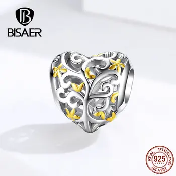 

BISAER Tree of Life 925 Sterling Silver Tree Leaves Beads Family Tree Leaf Heart Charms fit Bracelets Silver 925 Jewelry ECC1249