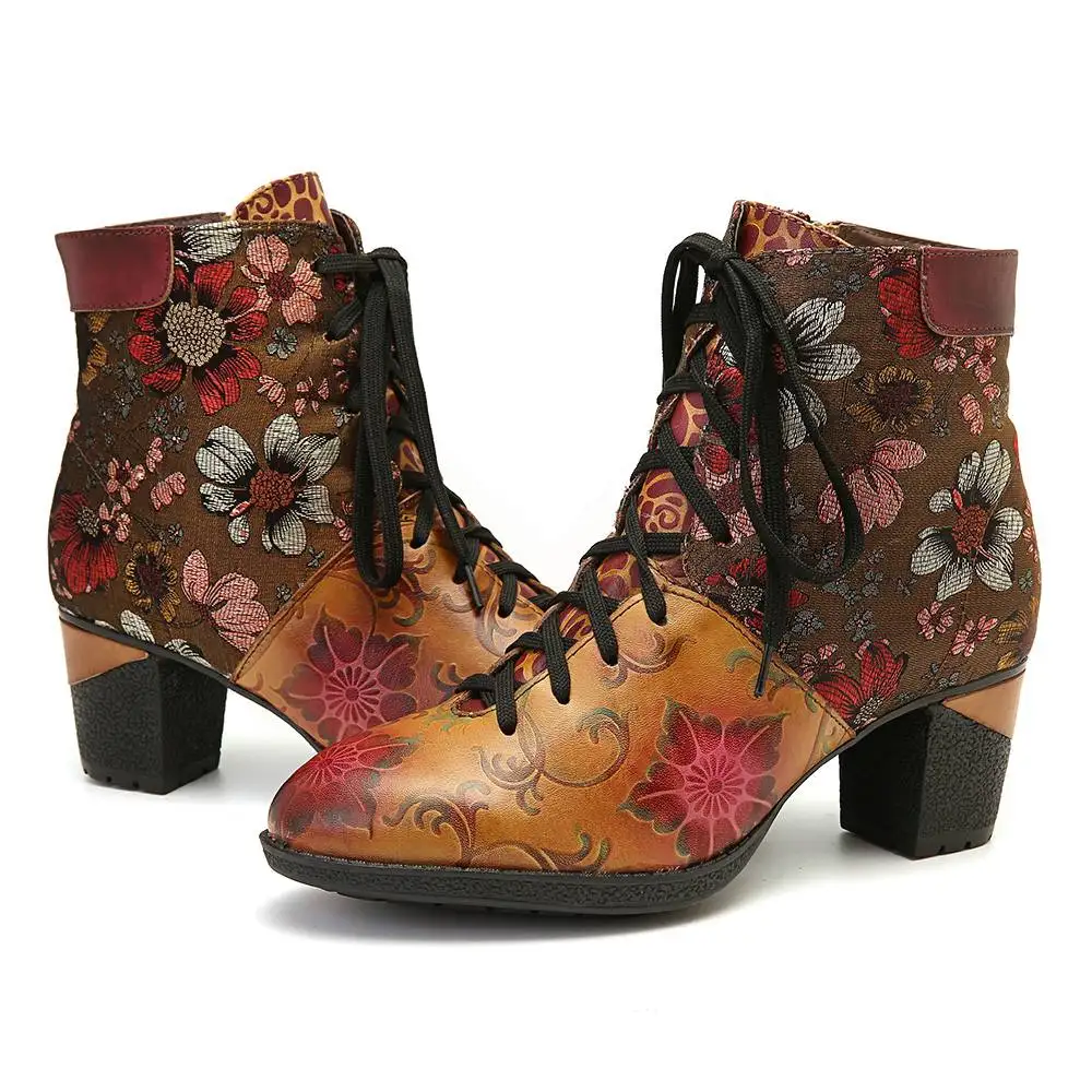 SOCOFY/ботинки в стиле ретро; удобные ботинки из натуральной кожи на высоком каблуке со шнуровкой и цветочным узором; женская обувь; Botines Mujer;