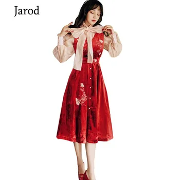 

High Quality Vintage Women Two Piece Set Dress 2020 Spring Chiffon Bow Shirt Top + Vest Floral Embroidery Velvet Belt Dress Set