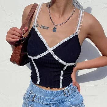 

Spaghetti Strap V Neck Cropped Women Tops Camis Fashion Lace Patchwork Summer Sexy Top Y2K Backless Clothes Crop Top