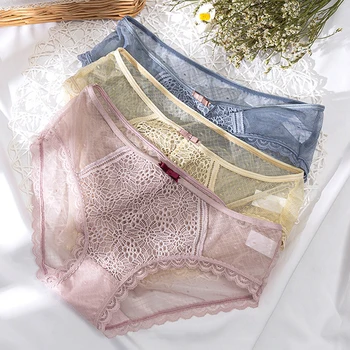 

Wasteheart Fashion Sexy Yellow Gray Cotton Lace Bow Low Waist Panties Underwear Lingerie Women Briefs Underpants Transparent