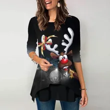 

Wapiti Cartoon Print T-Shirts Women Christmas Long Sleeve Spring Autumn Tee Loose Vintage Tops O-Neck Female Popular T-Shirt