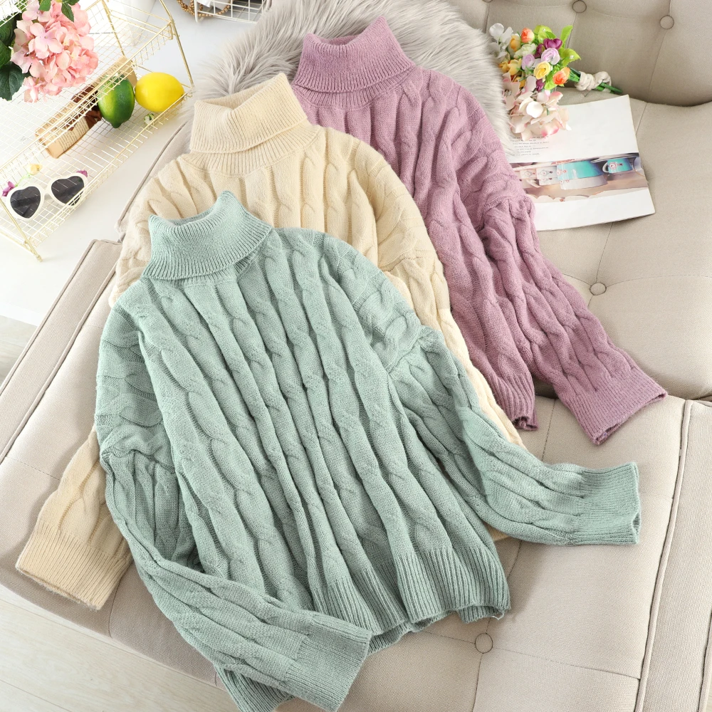 

Warm Turtleneck Twist Sweater Autumn Winter Womens Loose Knitted Pullover Jumper New Arrival 2019
