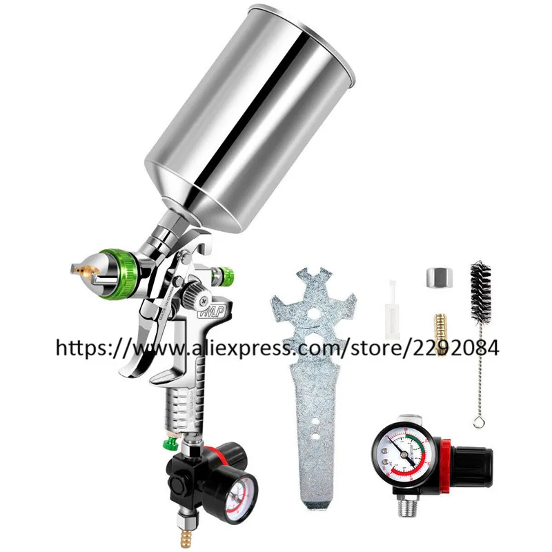 

HVLP Spray Gun, Gravity Feed Paint Gun Auto Paint Air Spray Gun, 2.5mm Nozzle Size 1000 cc Aluminum Cup W/Air Regulator