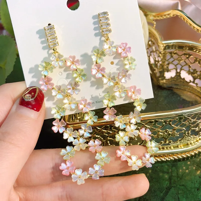 MENGJIQIAO корейские новые элегантные длинные висячие серьги в виде лепестков цветов