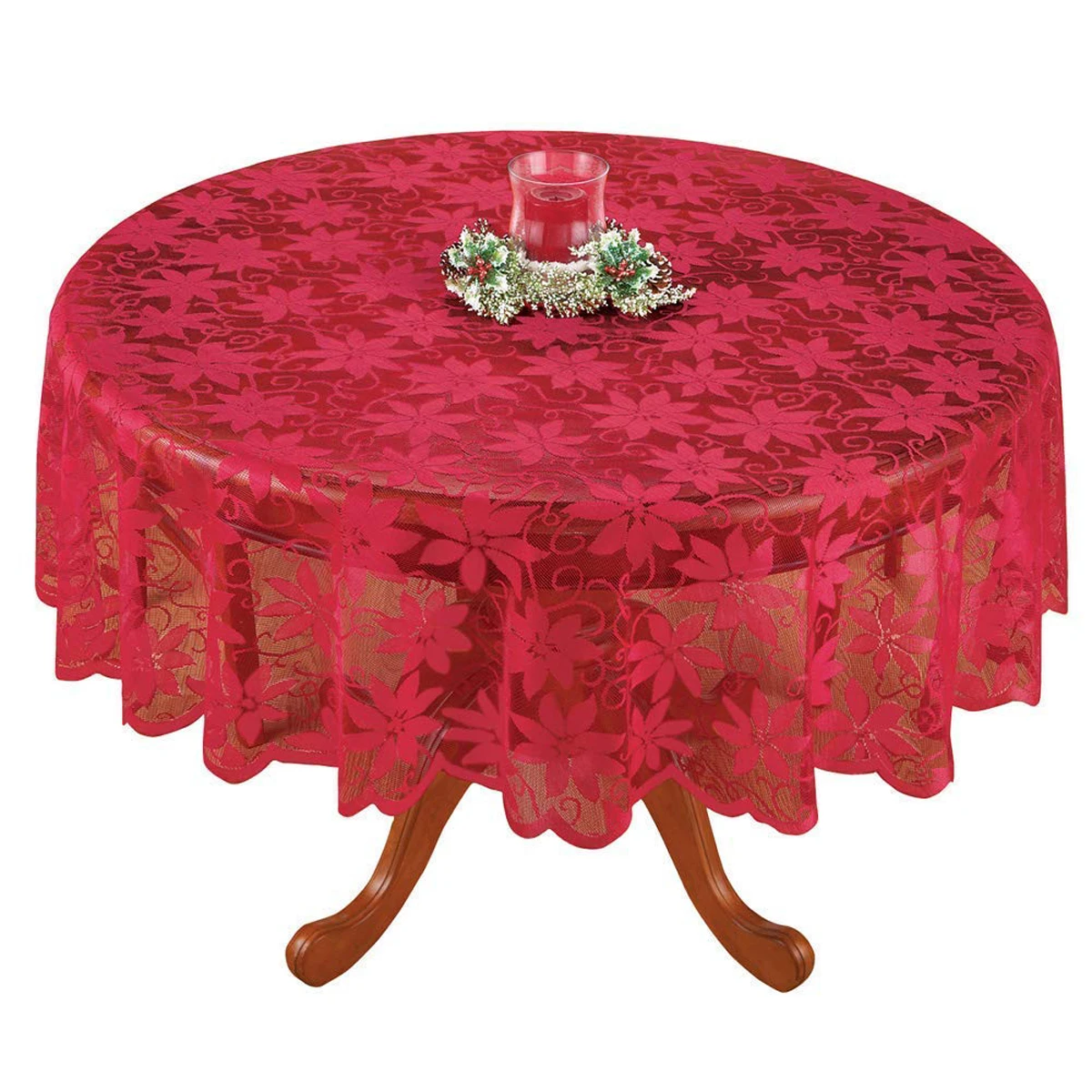 Red Lace Round Table Cloth Cover Floral Tablecloth Christmas Wedding Party Home Dexoration US