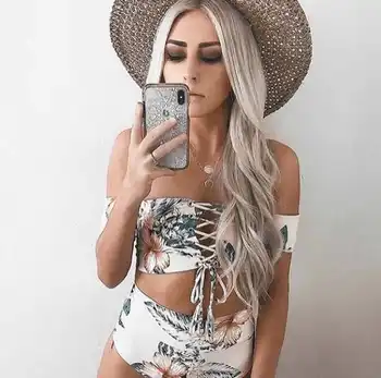 

2020 femme bathing suit swimwear mujer swimming suit for women bstrapless hot high waist bikini floral biquini 2 piece swimsuit