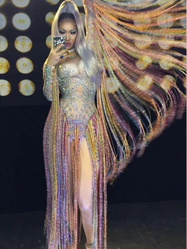 

Hight Elastic Playsuit Womens Long Tassel fashion Sexy Show Diamonds Costume Dj Ds Evening Bodycon Night Party 2020 summer