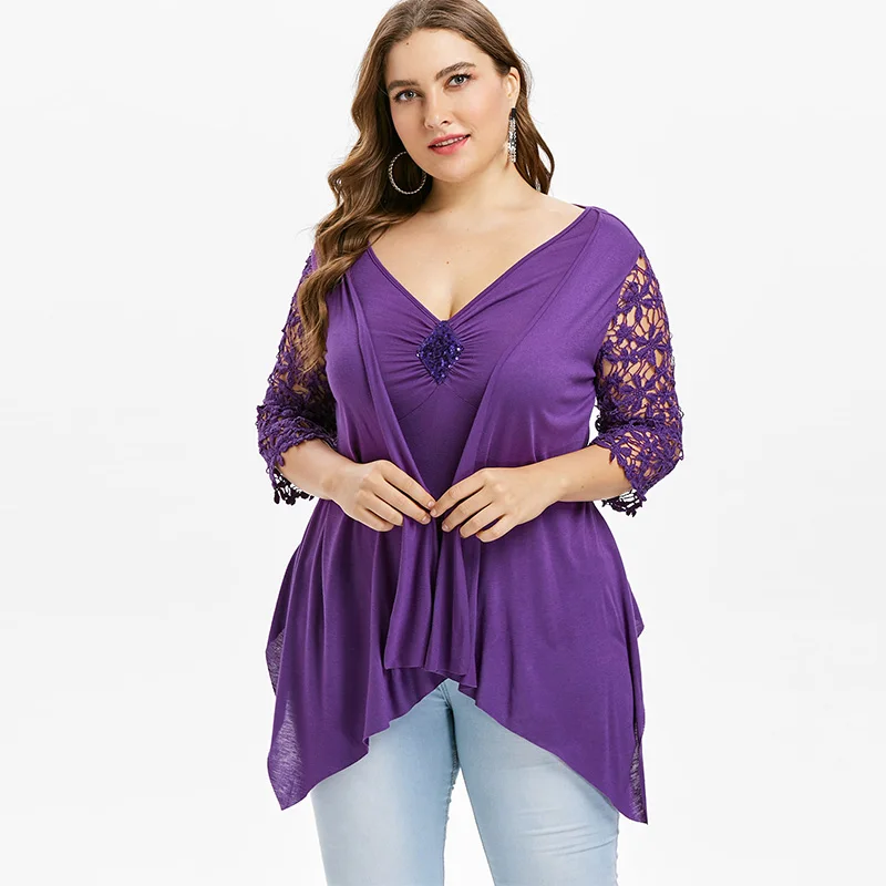 

ROSEGAL Plus Size Faux Twinset Lace Insert Asymmetrical T-Shirt Women Tops Casual Solid V Neck Three Quarter T Shirt 2019 Tees