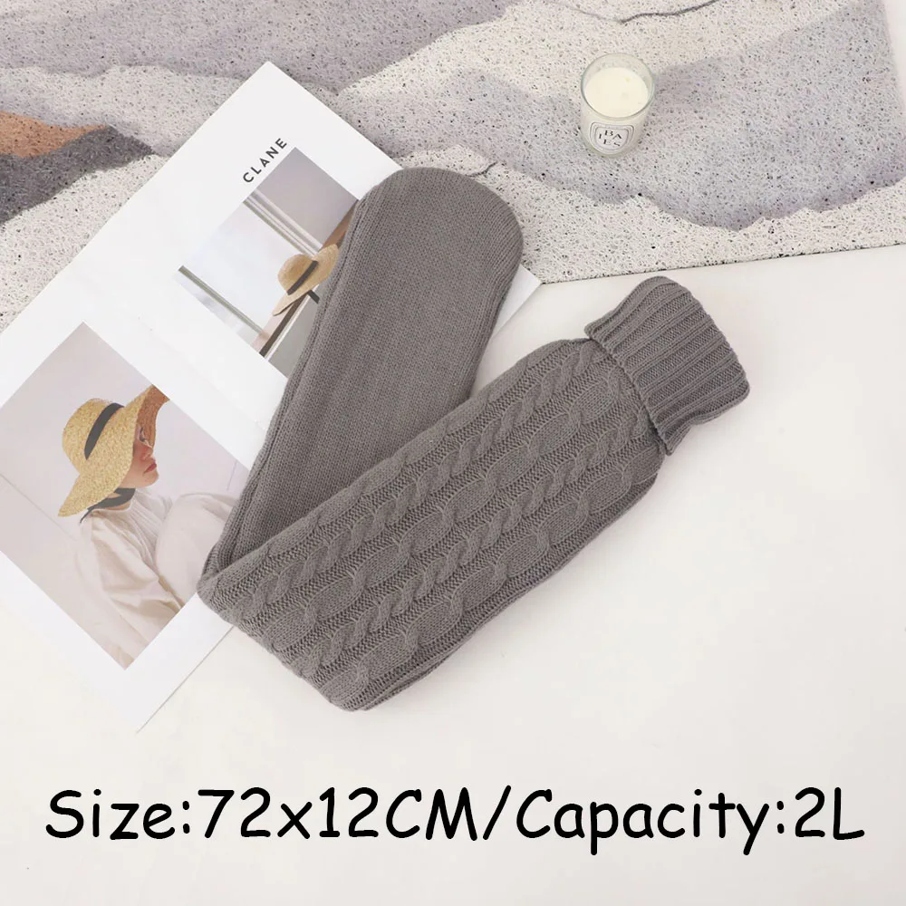 2L Classic Long Hot Water Bottle with Cable Knitted Cover Hot Water Bag Pain Relief Water Heating Pad Gift for Women and Girls