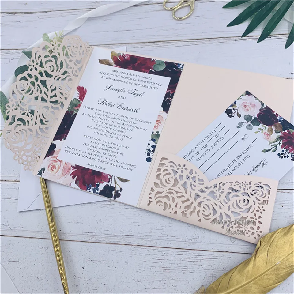 Beautiful Luxury Blush Laser Cut Wedding Invitation Folder, Invitation RSVP Suite Die cut