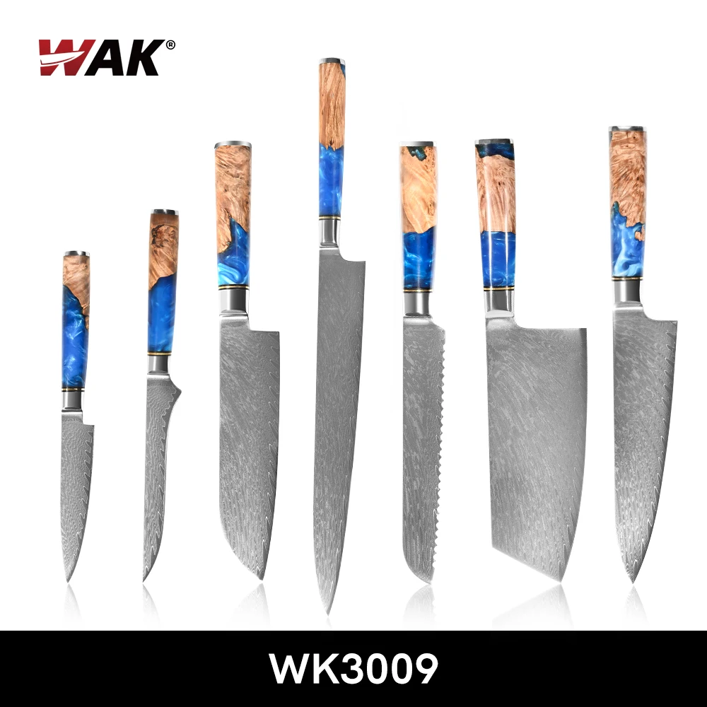WAK 7PCS Kitchen Set Damascus Steel Chef Knife Cleaver Bread Paring Blue  Resin and Pakka Wood