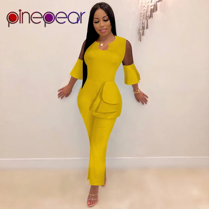 PinePear Patchwork Sheer Mesh Flare Sleeve Top and Wide Leg Pants Jumpsuit Women Elegant Ruffles Office Lady Outfit Dropshipping |