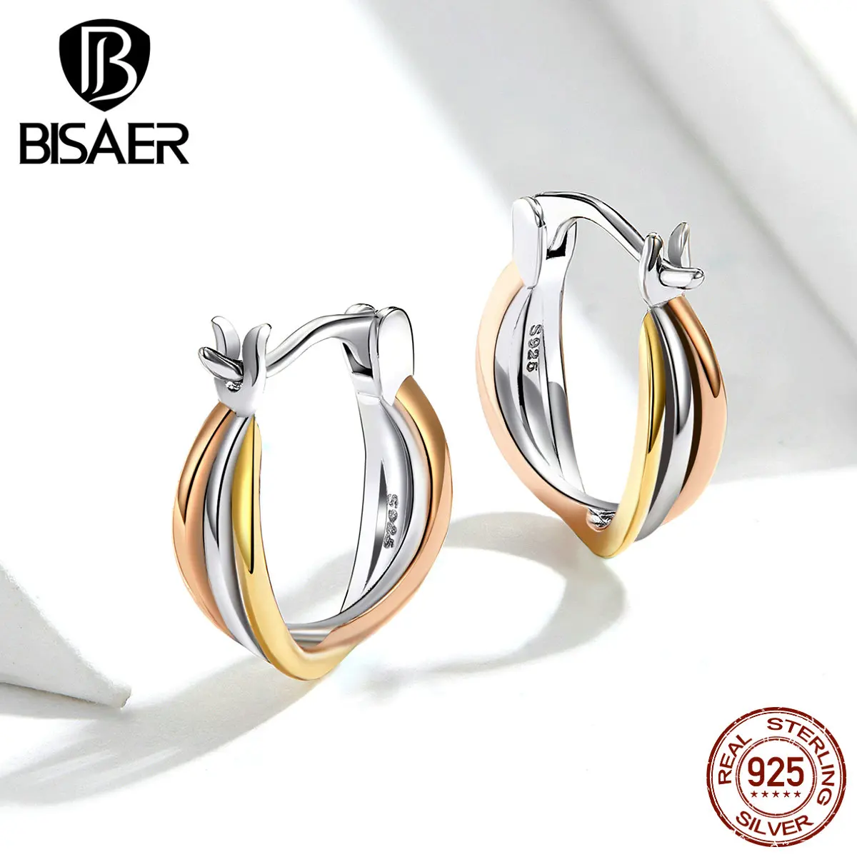 BISAER, серебряные серьги-гвоздики, натуральная 925 пробы, серебро, прозрачный CZ, двухцветные серьги-гвоздики для женщин, вечерние ювелирные изделия, подарки HSE719