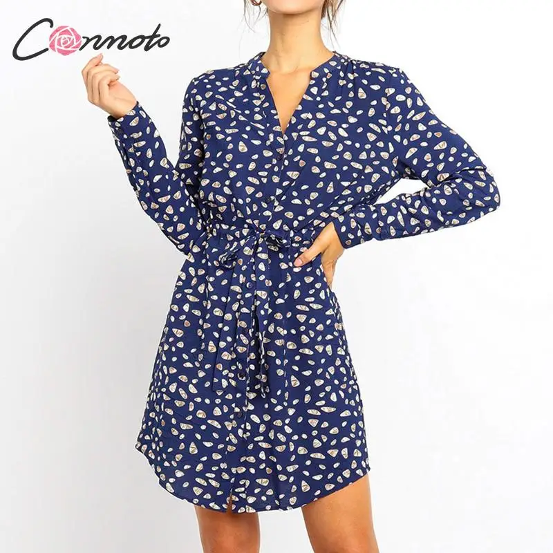 

Conmoto office elegant blue party dress women wrap bow tie red floral shirt dress ladies long sleeve dresses vestidos