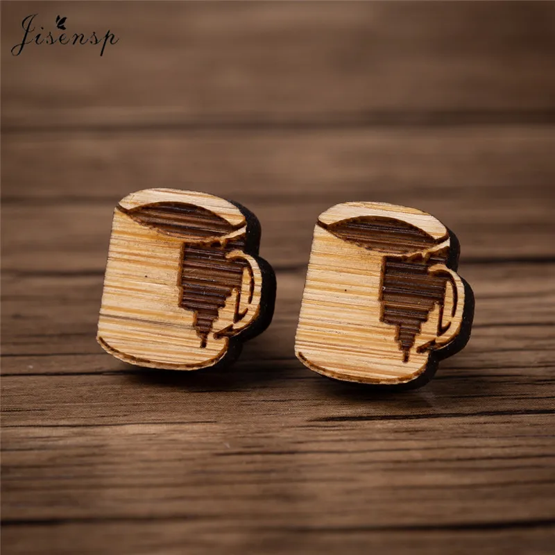 Jisensp Vintage Design Cute Cup Wood Earrings Fashion Jewelry for Women Unique Coffee Cup Stud Earrings Fashion Jewelry Gift