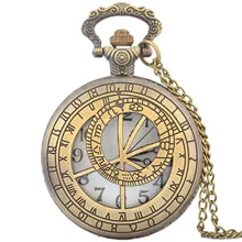 Hollow Compass Map Fob Watches Fashion Quartz Pocket Watch Vintage Necklace Pendant Clock Gift Bronze Chain Necklace