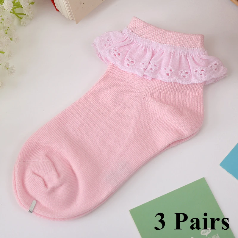 3 пары, осенне-От 1 до 11 лет носки для девочек с кружевными противоскользящими носками короткие носки с дышащей сеткой белые, розовые хлопковые носки принцессы для малышей - Цвет: 3 Pink