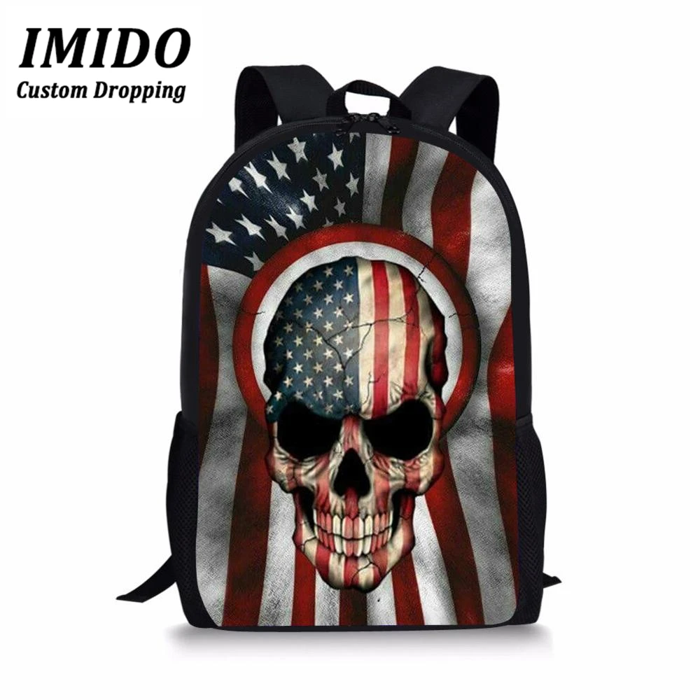 

IMIDO American Skull Printed School Bag Cool Skull Student School Backpack Mens Teens Boys Backpack Orthopedic Rucksack Mochila