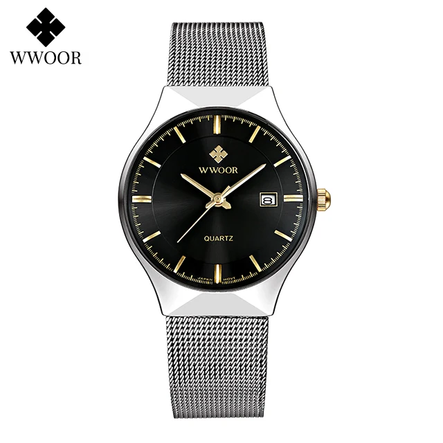 WWOOR Luxury Ultra Thin Mens Quartz Wristwatches Waterproof Casual Sports Mesh Steel Gold Automatic Date Watch Relogio Masculino times quartz watch price Quartz Watches